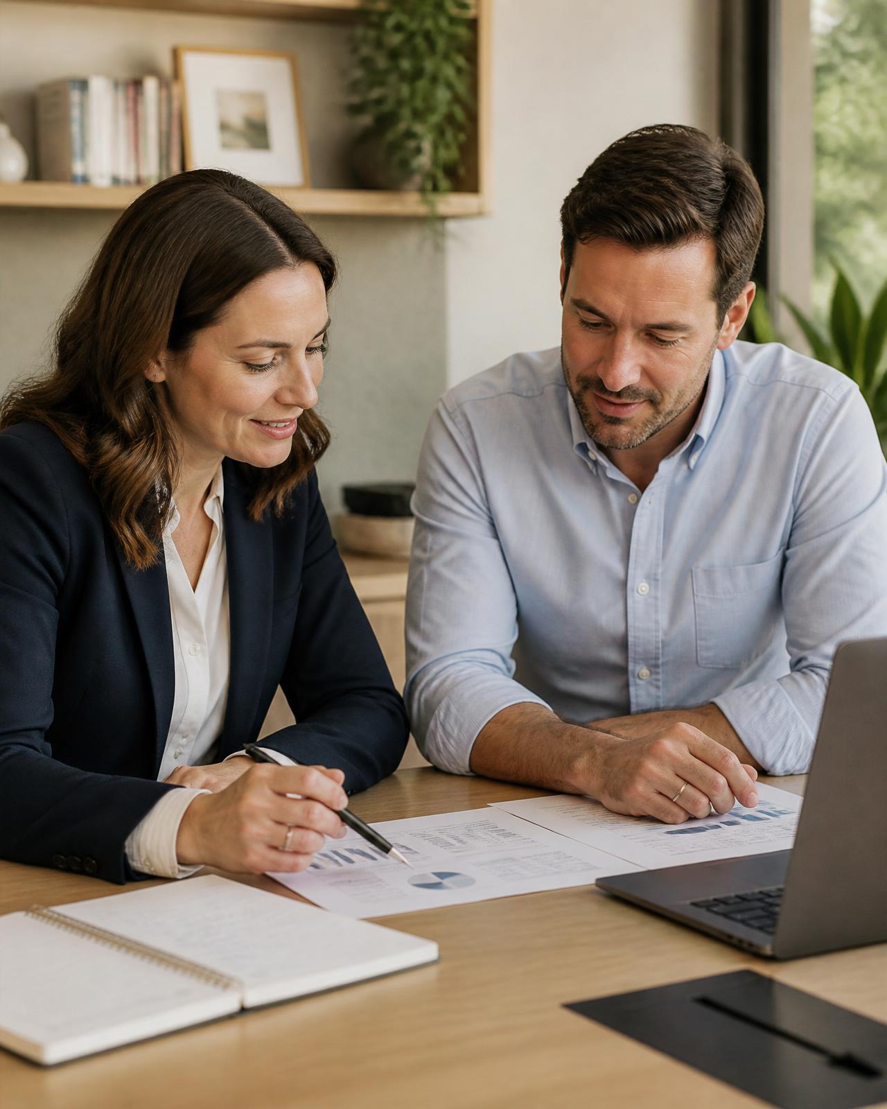 A trusted business adviser sitting beside a New Zealand business owner, reviewing financial reports together at a light wooden table in a warm, naturally-lit modern office