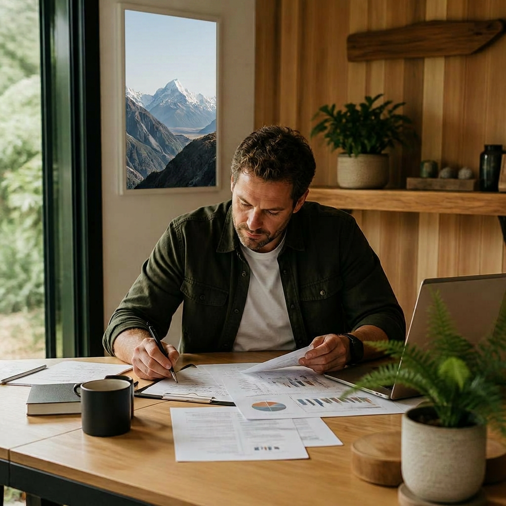 Business owner reviewing financial reports in a warm, naturally-lit modern workspace